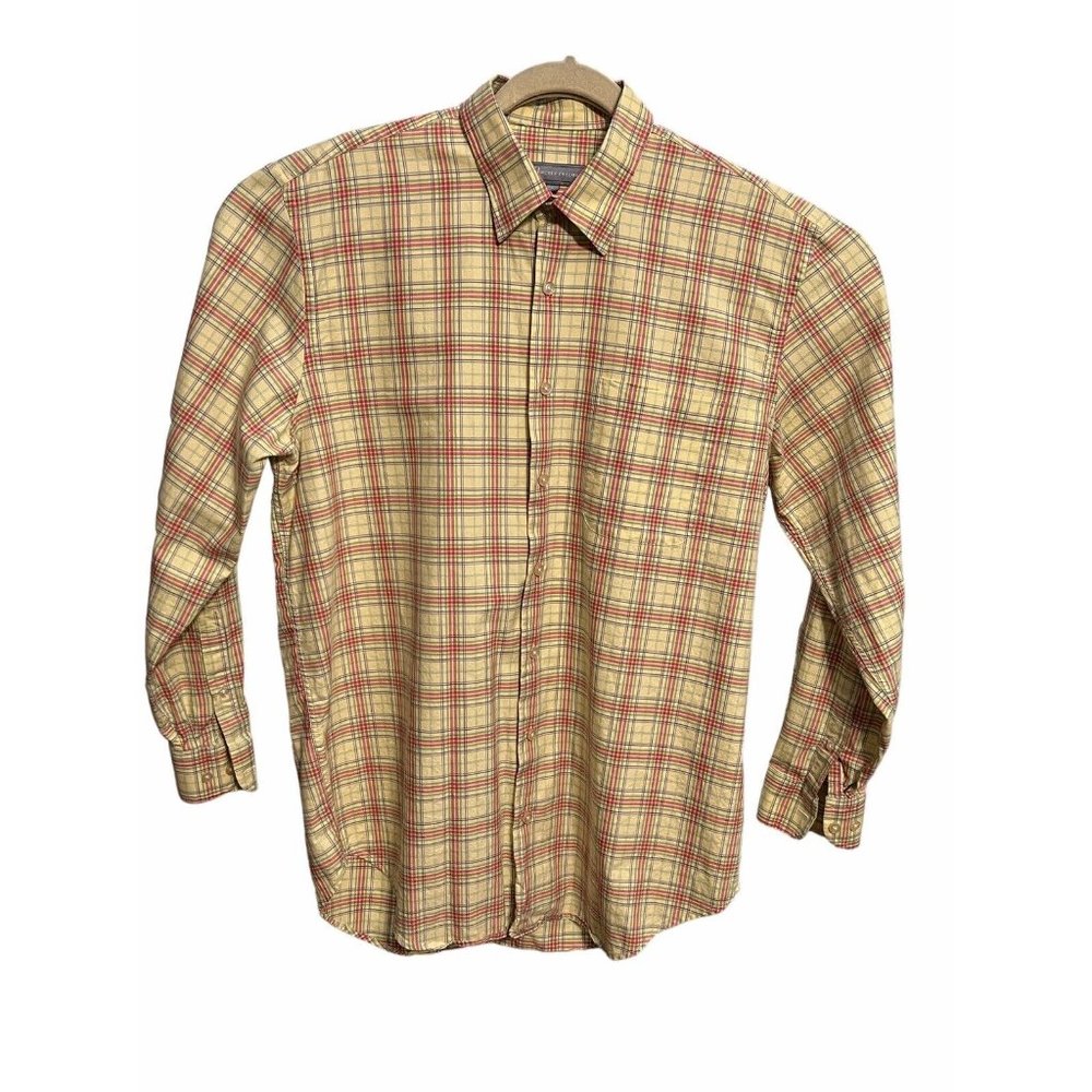 Hickey Freeman Mens Yellow Plaid Cotton Button Up Dress Shirt Sz 16.5